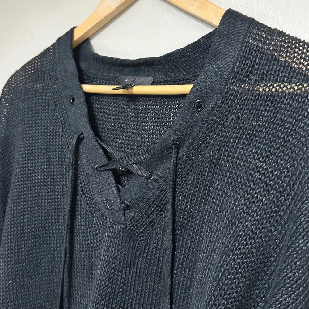 J.Crew Linen Open Knit Sweater Womens M Lace Up Pullover Oversized Slouchy Beach